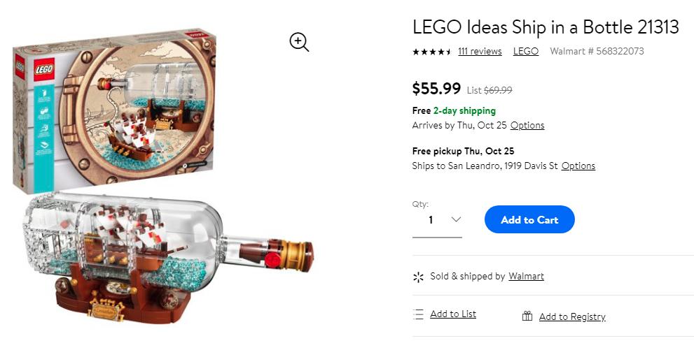 Get LEGO Ideas Ship in a Bottle Building Set only $56 at Walmart/Amazon