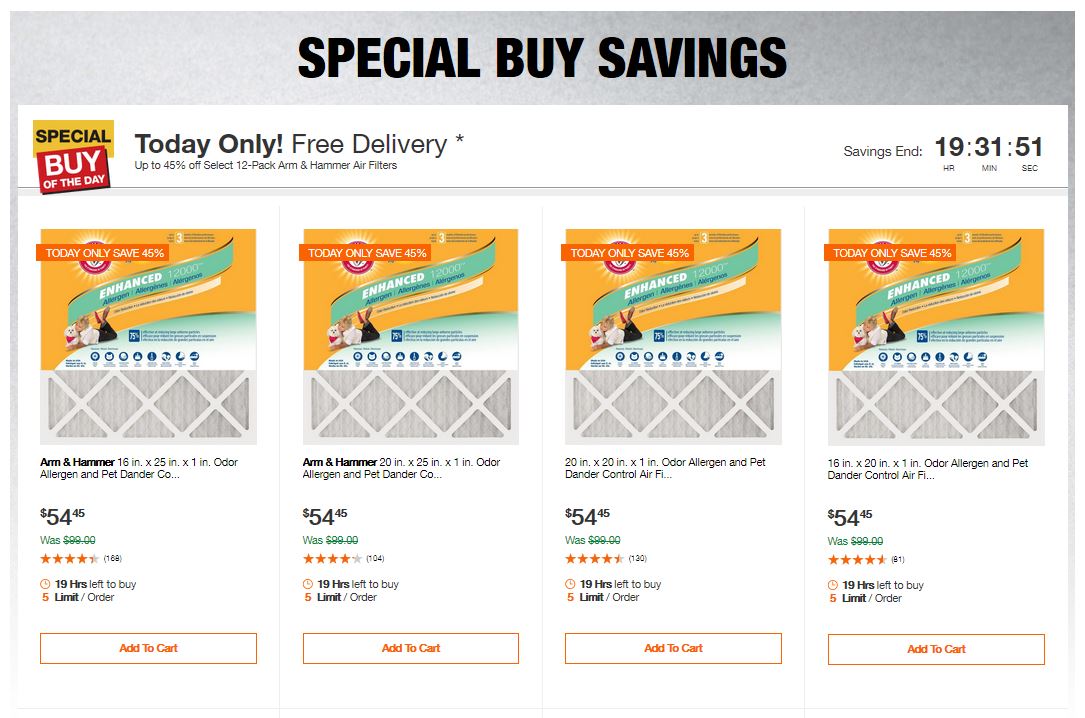 Home Depot Deals - Up to 45% off Select 12-Pack Arm & Hammer Air Filters