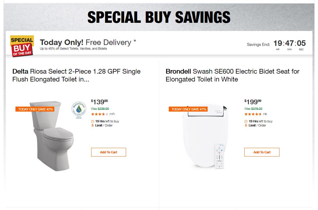Home Depot Deals - Up to 45% off Select Toilets, Vanities, and Bidets